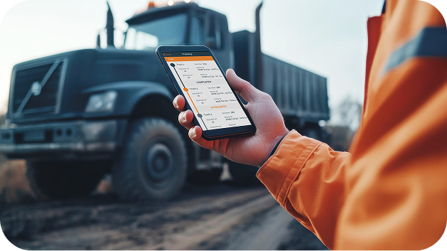 Person in an orange jacket holding a smartphone with a logistics app open, standing in front of a black Volvo dump truck on a dirt road.