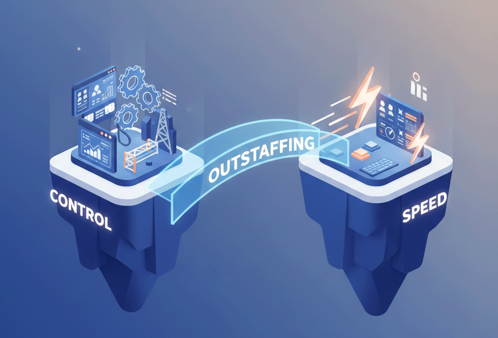 Illustration showing how outstaffing bridges control and speed in software development, with two floating platforms representing project management control and delivery speed connected by a glowing ‘Outstaffing’ bridge
